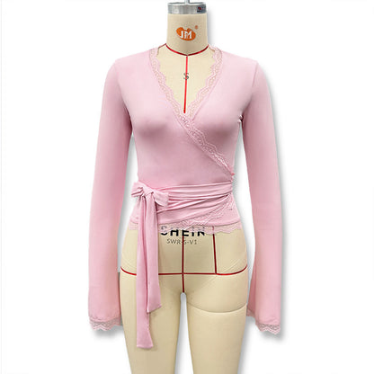 Cross-border Y2K pre-autumn new women's European and American style sexy lace lace strappy top slim long-sleeved base shirt