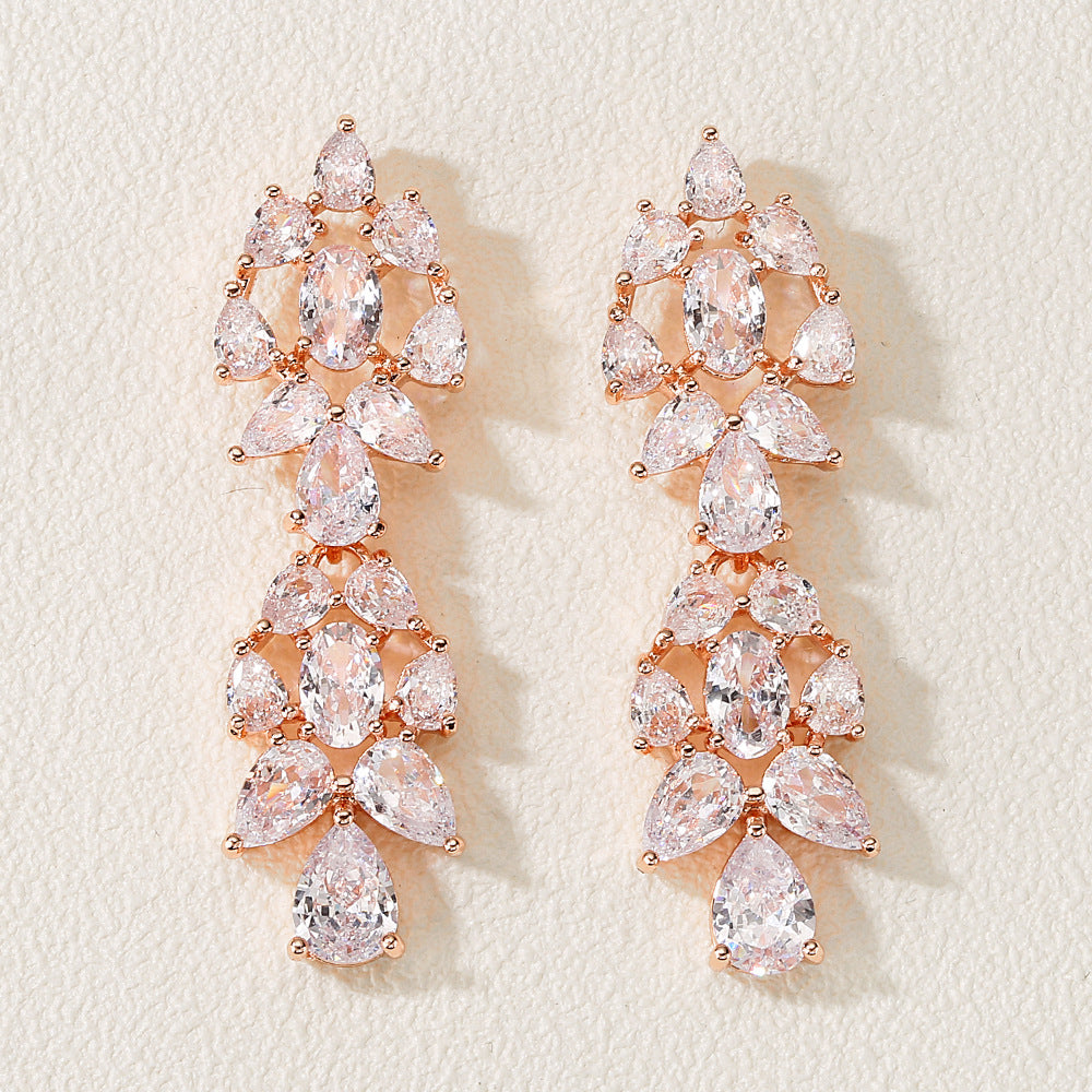 Foreign trade new waterdrop zircon stud earrings long tassel earrings, three-color full diamond earrings, niche design for women