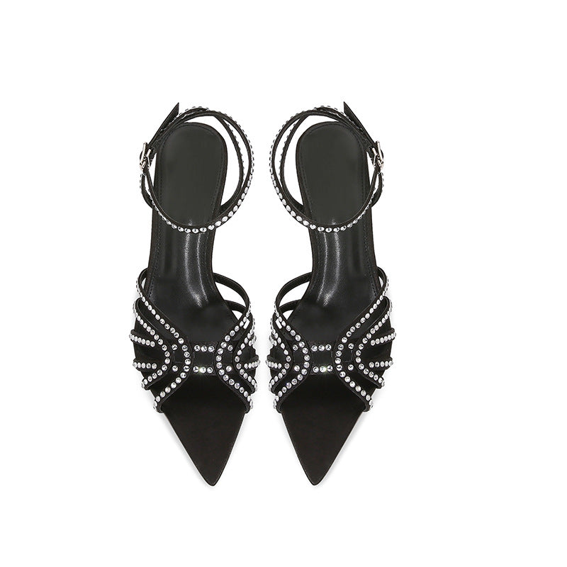 YX2026 New Rhinestone Black Stiletto Heel Sexy Satin Open Toe Pointed Toe Straight Strap Cross Thin Band Sandals for Women