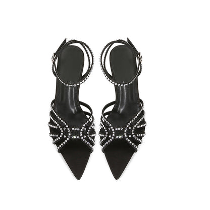 YX2026 New Rhinestone Black Stiletto Heel Sexy Satin Open Toe Pointed Toe Straight Strap Cross Thin Band Sandals for Women