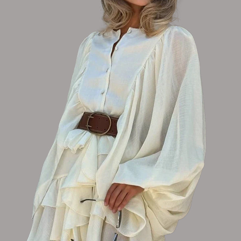 Vestido comprido feminino casual simples, de cor sólida, com folhos em cascata e mangas abalonadas, modelo lanterna, coleção verão 2025 da Amazon.