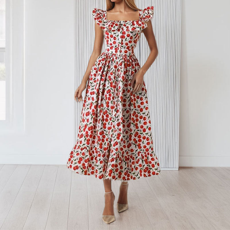 Vestido floral com decote quadrado, manga curta e cintura marcada, da nova coleção primavera 2026, de inspiração europeia e transfronteiriça.