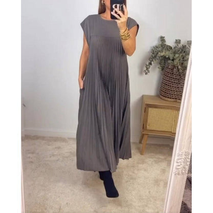 2026 Spring New Dress Cross-border European and American Clothing Elegant and Fashionable Crew Neck Sleeveless Pleated Long Dress