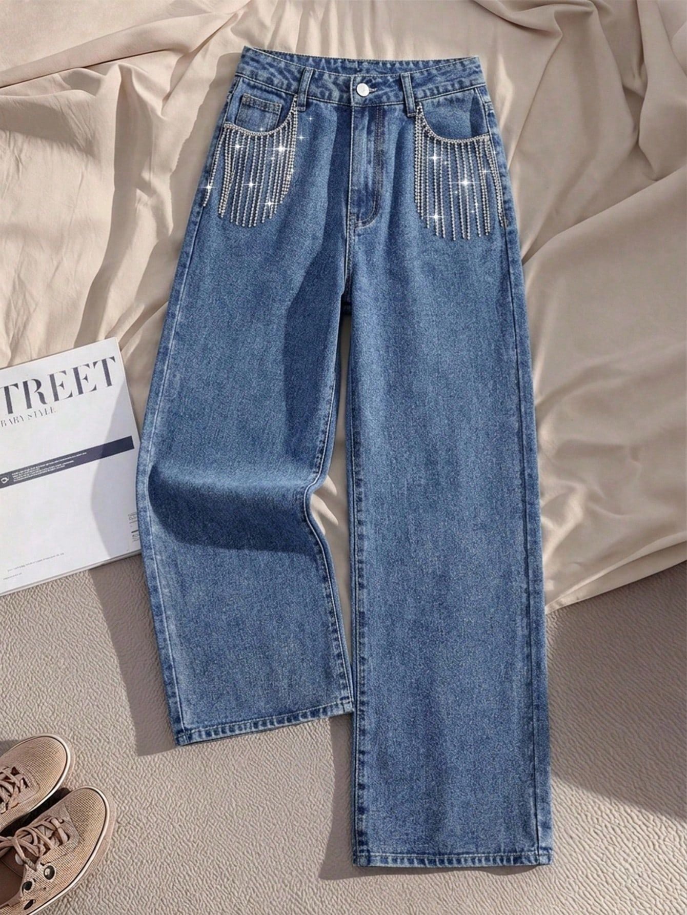European and American Trade TK Bestselling Women's Pants, High-Waist Heavy-Duty Fashionable Rhinestone Design Long Jeans Women Jeans