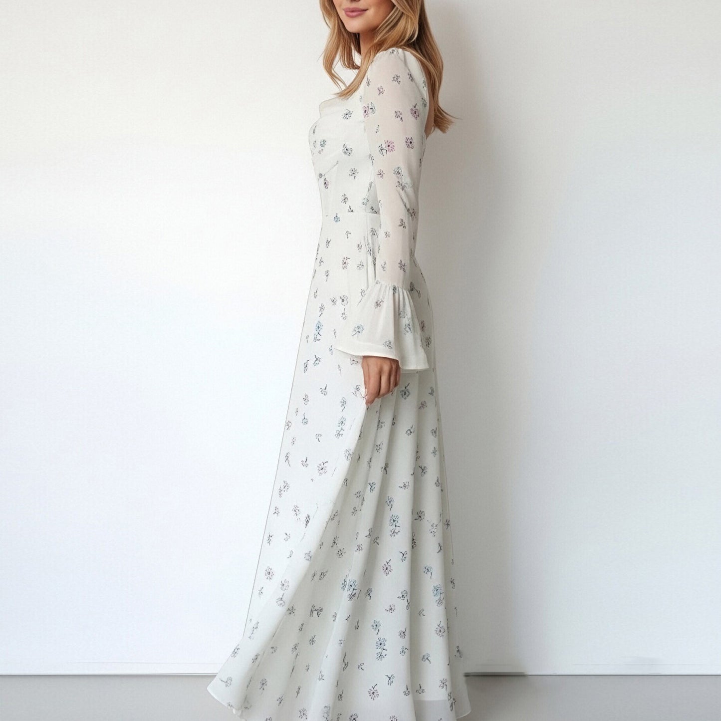 Cross-border spring 2026 European and beautiful clothing temperament elegant floral pleated fairy waist flared sleeve women's fluttering dress