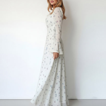 Cross-border spring 2026 European and beautiful clothing temperament elegant floral pleated fairy waist flared sleeve women's fluttering dress