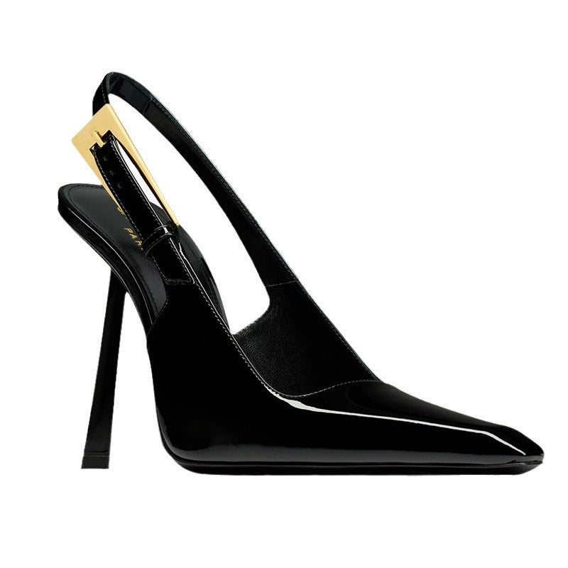 2026 Summer New European and American Style Square Toe Stiletto Sandals Patent Leather Surface, Rubber Sole Microfiber Lined Women's Shoes
