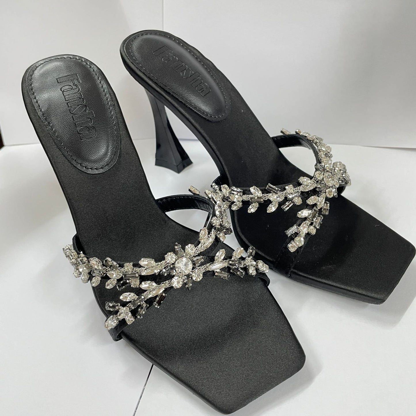 2026 summer European and American silk satin thin heel cross rhinestone square toe open toe slippers high heel slippers fashionable and sexy style