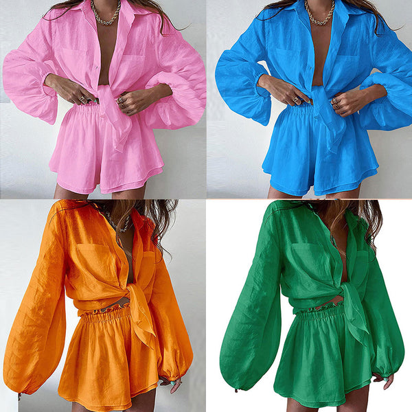 2026 Amazon European and American Cross-border Women's Casual Solid Color Ruffled Shorts Shirt Fashion Set Women's Two-Piece Set