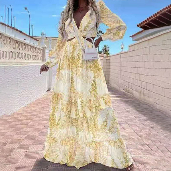 2025 European and American women's clothing Amazon new commuter long skirt openwork V-neck print high-waisted large swing dress women's 661