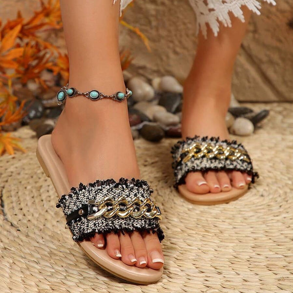 Cross-border women's shoes, new fashionable fabric slippers, chain buckle, versatile solid color metallic decorative round-toe flat sandals