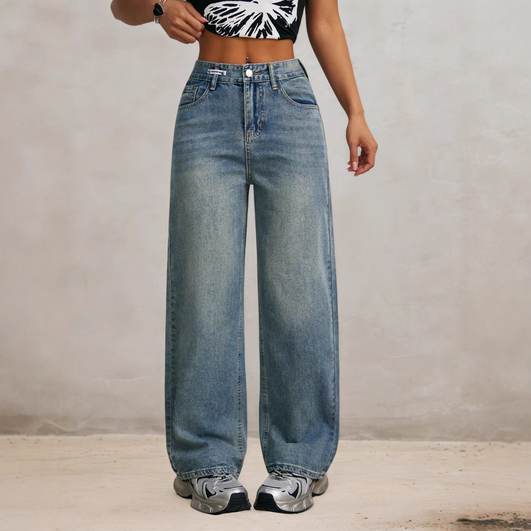 Retro Korean wide-leg jeans women's autumn and winter high-waisted loose slimming straight-leg long pants European and American street style