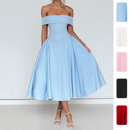 Vestido de senhora de cor sólida, modelo ombro a ombro, com gola única e design moderno, novidade da moda europeia transfronteiriça para a primavera de 2026.