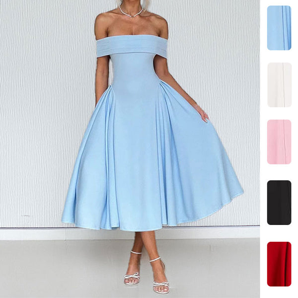 2026 spring new cross-border European and beautiful fashion off-the-shoulder sexy style one-line collar solid color dress for women