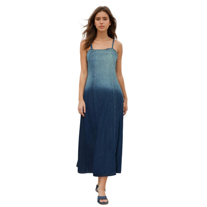 American blue gradient suspender denim dress 2024 summer new elastic waist to cover the flesh and slim long skirt