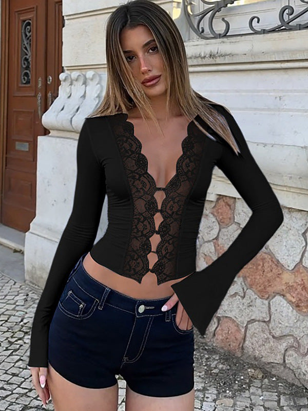 Foreign trade autumn and winter new European and beautiful fashion solid color sexy lace cardigan slim long sleeve top for women - view 2 | Ciaura