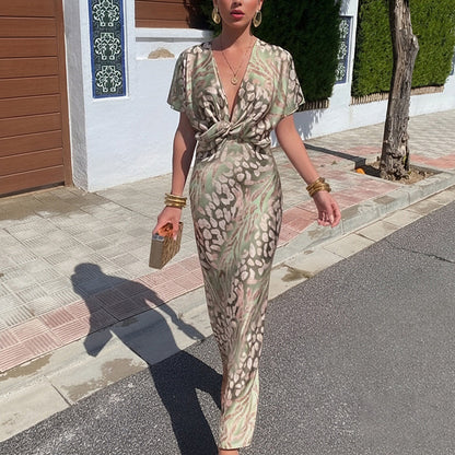 2026 Spring New Foreign Trade European and American Clothing Temperament Print Sexy V-Neck Waist Twisted Short Sleeve Dress for Women