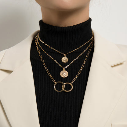 European and American cross-border jewelry, fashion trends, multi-layer ring stitching, stacking necklaces, portrait medallion pendants, sweater chains