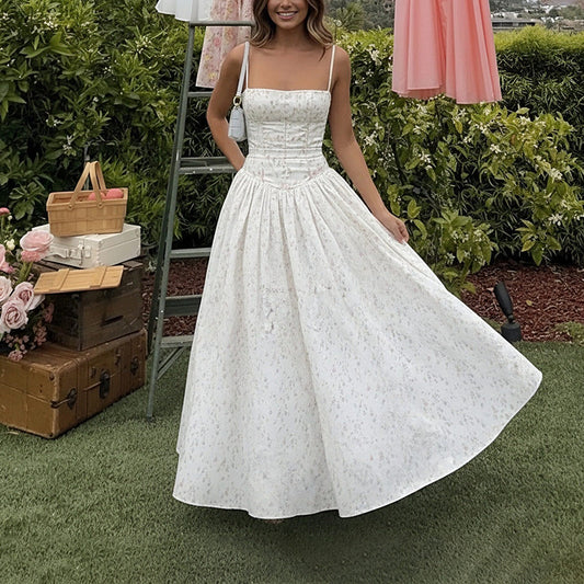 2025 Amazon cross-border European and beautiful women's clothing new temperament elegant fashion printed suspender waist swing dress