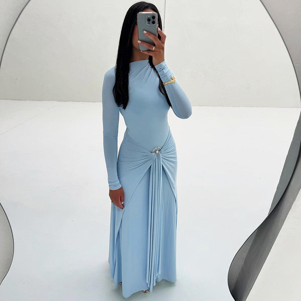 Cross-border European and American women's autumn and winter new temperament solid color elegant long sleeve metal ring buckle slim strap dress for women | Ciaura