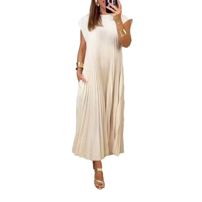 2025 New Amazon Autumn Cross-border European and American Clothing Elegant and fashionable crew neck sleeveless pleated maxi dress
