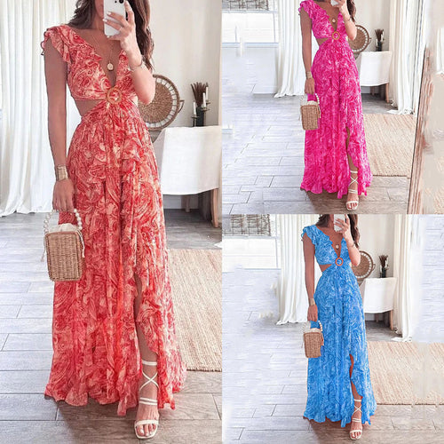European and American women's clothing 2026 cross-border Amazon new printed deep V sexy waistless long pleated European and American dress