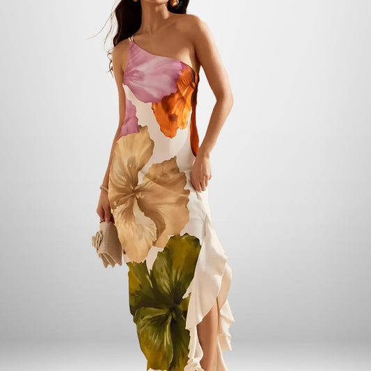 AliExpress Spring Fashion New European and American Cross-border Women's Elegant Temperament Sleeveless One Shoulder Suspender Print Dress