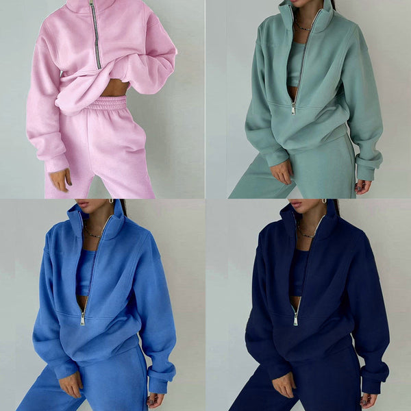 2026 cross-border Amazon European and beautiful women's clothing foreign trade new zipper fleece sweatshirt sports fashion sweatshirt set | Ciaura