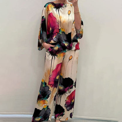 Independent station spring new European and American clothing temperament elegant printed bat sleeve wide-leg trousers fashion suit 661