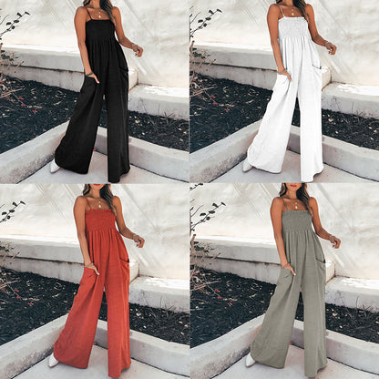 2026 New Amazon Foreign Trade European and American Clothing Solid Color Suspender Shirring Casual Temperament Commuter European and American Jumpsuit