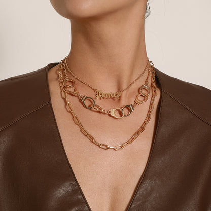 European and American cross-border jewelry, fashion English letters, handcuffs, pendants, necklaces, women, multi-layered punk exaggerated trend necklaces