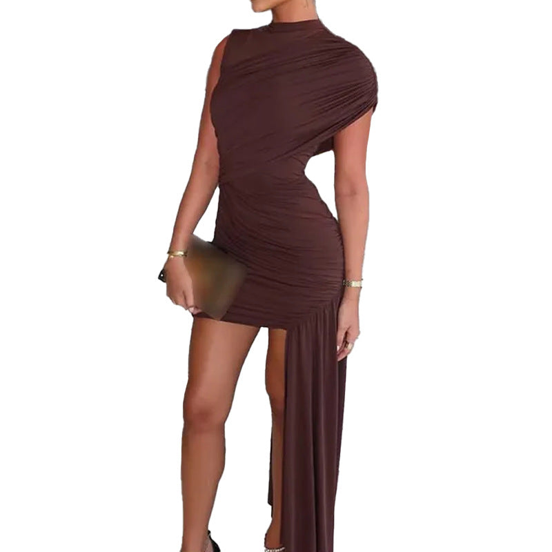 2026 spring new cross-border European beauty decoration fashion crew neck hip irregular sleeveless suit dress