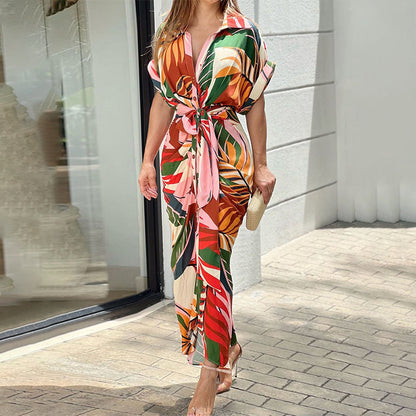 Spring 2026 new European and beautiful clothing temperament fashion printed lapels short sleeves high waisted shirts spring and summer dresses