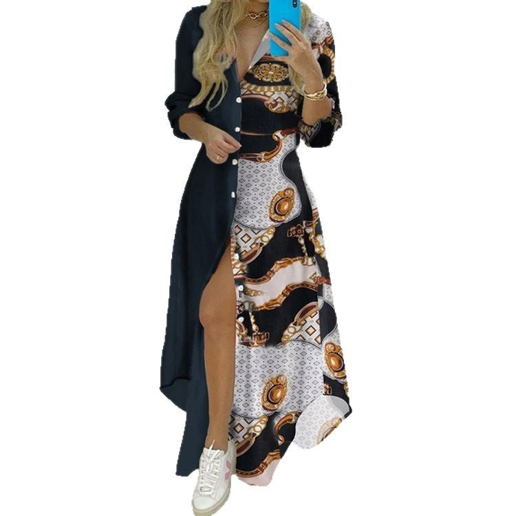 2025 Amazon independent station European and beautiful clothing temperament elegant fashion print high-waisted single-breasted dress for women