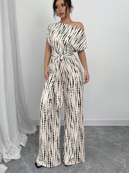 EuroChic 2025 Striped One-Shoulder Asymmetrical Jumpsuit for Women, Chic Slant Shoulder Wide-Leg Romper Pants Outfit