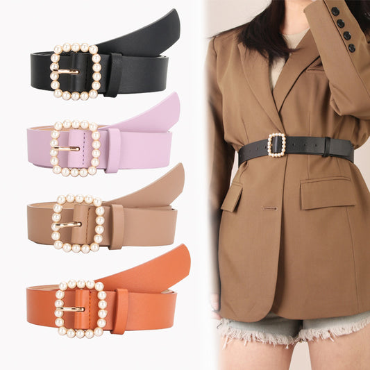 The square-shaped buckle pearl belt is fashionable and versatile, and the sweet and cute women's belt is fashionable and elegant, and the outfit is matched