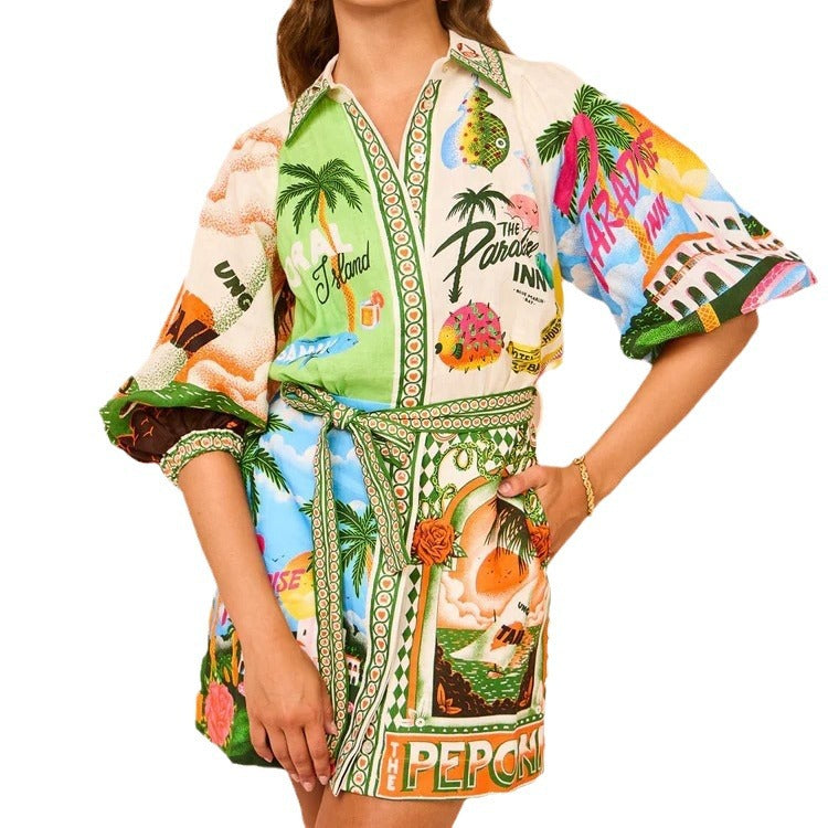 Roupas europeias e americanas 2026 AliExpress estação independente moda casual estampada camisa cardigã manga três quartos vestido de deslocamento