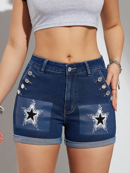 Cross-border summer new European and American printed denim mid-high stretch slim trend shorts women's hot pants trend SHORTS