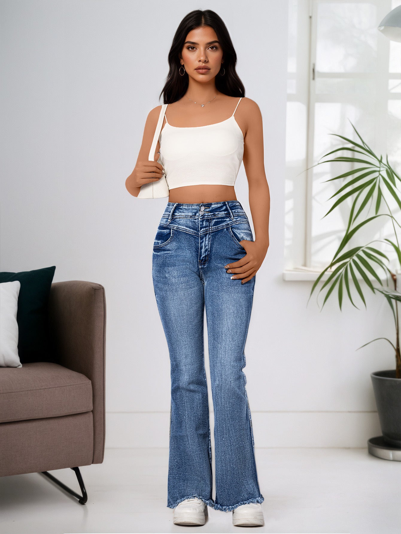 Cross-border, bootcut jeans women, elastic raw edge hip lifting high-waisted skinny wool horseshoe pants, double-breasted cotton