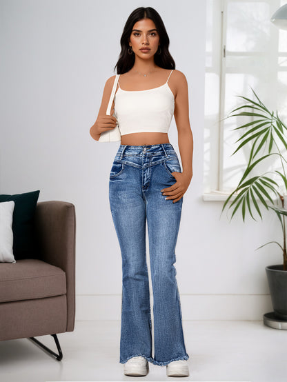 Cross-border, bootcut jeans women, elastic raw edge hip lifting high-waisted skinny wool horseshoe pants, double-breasted cotton