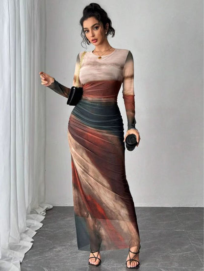 Spot Cross Border 2024 Europe and America Amazon Fashion Mesh Print Ruffle Sexy Tight Crew Neck Dress