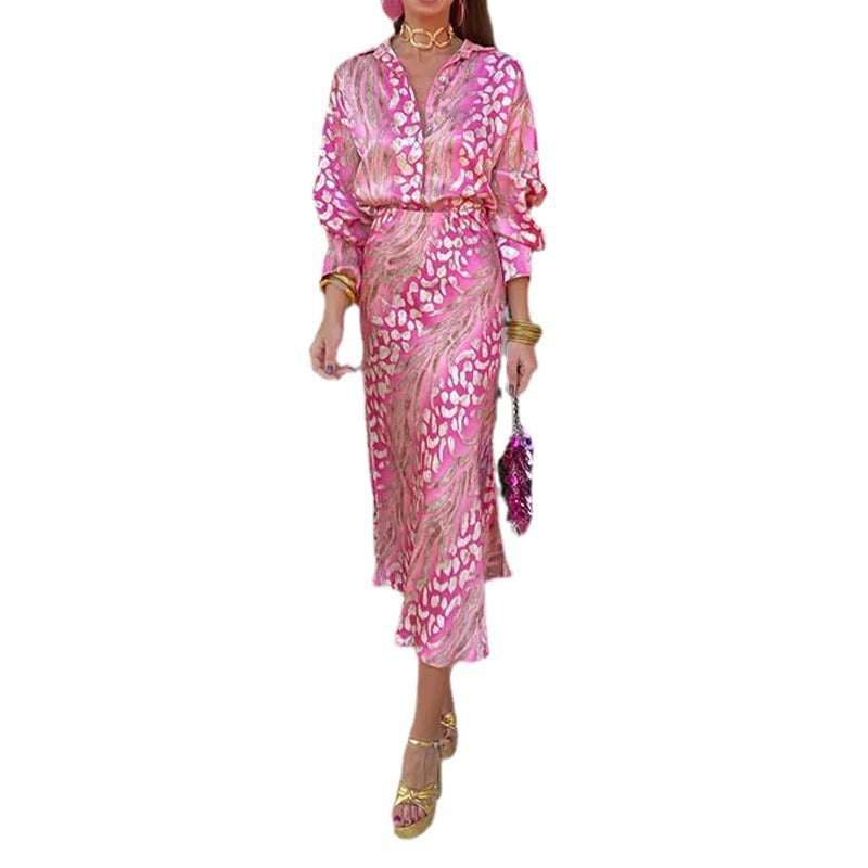 European and American Summer Cross-border New Elegant Printed Lapel Long Sleeve Shirt High Waist Skirt Fashion Set for Summer 2025