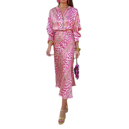 European and American Summer Cross-border New Elegant Printed Lapel Long Sleeve Shirt High Waist Skirt Fashion Set for Summer 2025