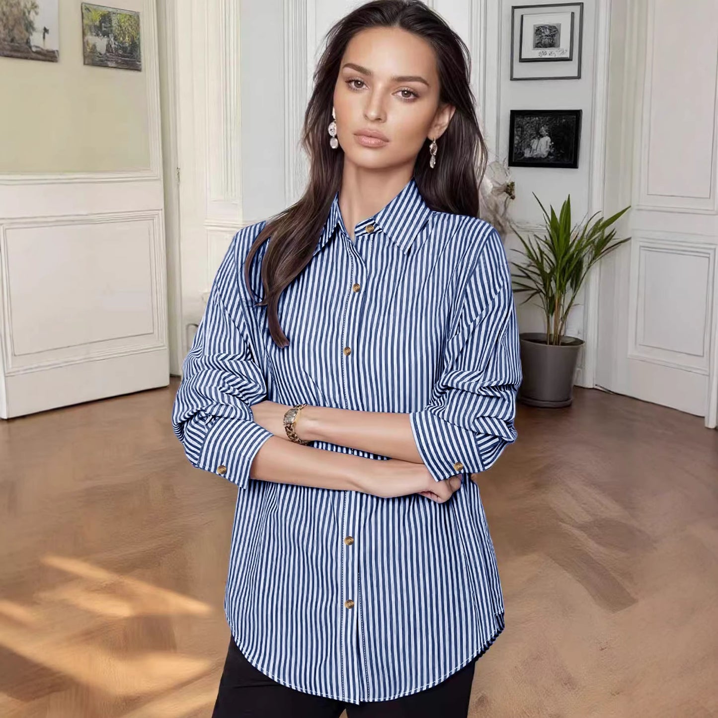 Women's vertical striped shirt, loose lapel-collar long-sleeve shirt, casual commuting versatile striped shirt