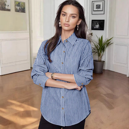 Women's vertical striped shirt, loose lapel-collar long-sleeve shirt, casual commuting versatile striped shirt