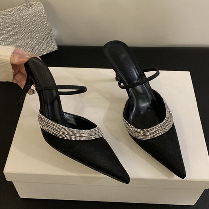 Spring 2026 rhinestone-embellished silk satin pointed heels heeled heels women's shoes wrapped toe shallow half slippers European and American style