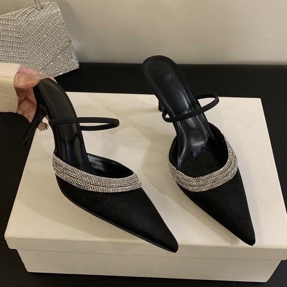 Spring 2026 rhinestone-embellished silk satin pointed heels heeled heels women's shoes wrapped toe shallow half slippers European and American style