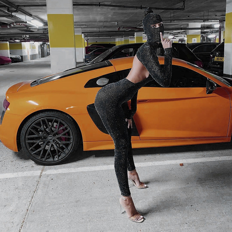 Comércio Externo de Vestuário Europeu e Americano 2024: Macacão Preto de Manga Comprida com Capuz e Ajuste Slim nas Costas - Venda por Grosso