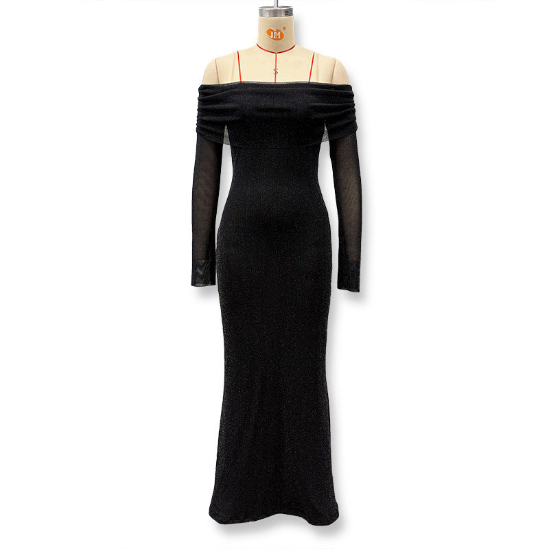 Foreign trade autumn and winter new European and beautiful women's clothing sexy one-shoulder mesh gauze sprinkled silver waist and hip wrap dress dress for women