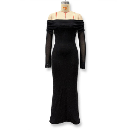 Foreign trade autumn and winter new European and beautiful women's clothing sexy one-shoulder mesh gauze sprinkled silver waist and hip wrap dress dress for women